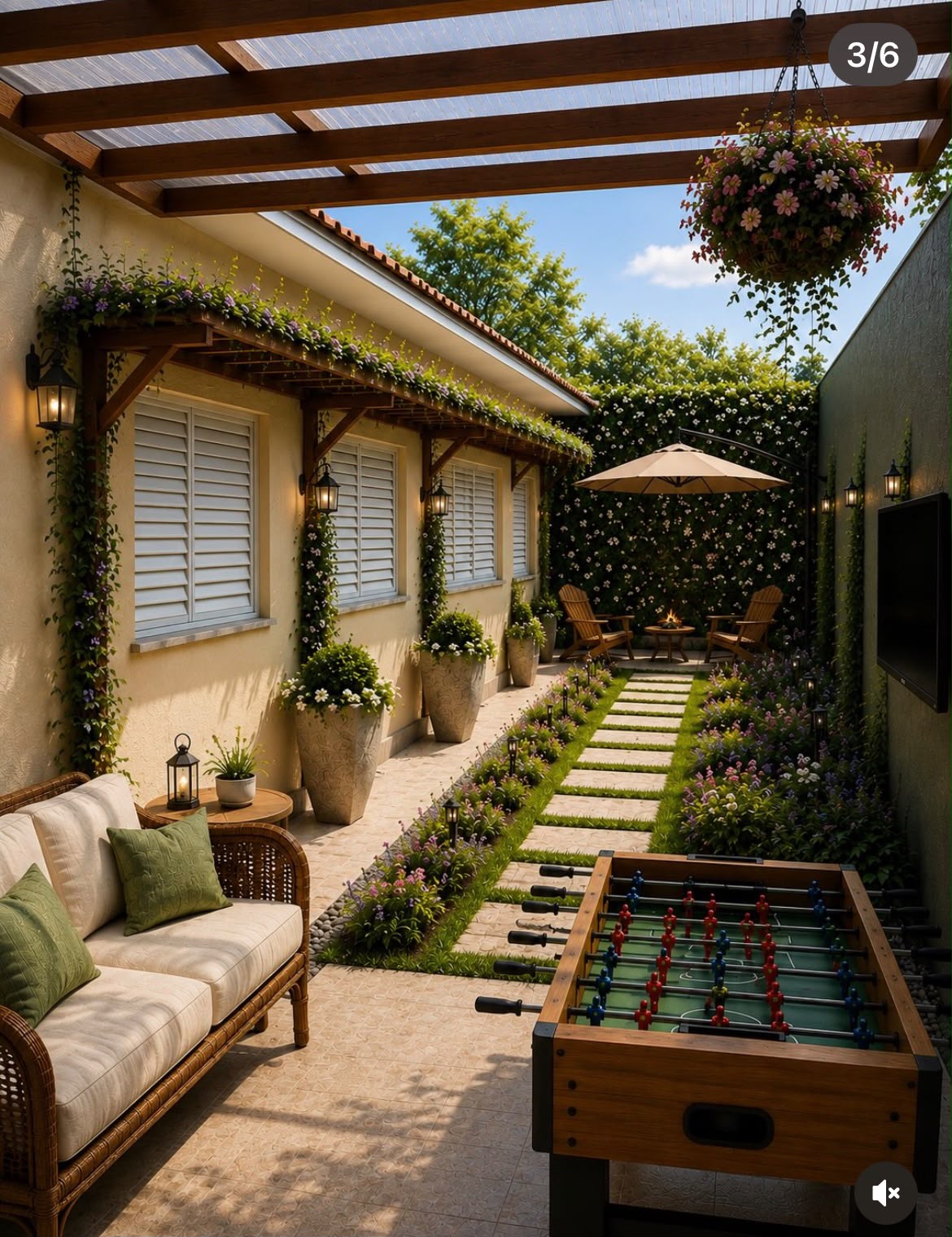 Visualização de jardim residencial com pergolado, percurso e área de lazer